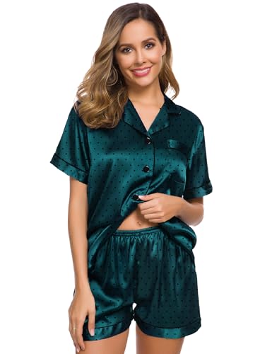 Image of SWOMOG Womens Silk Satin Pajamas Set Short Sleeve Sleepwear Button Down Top and Shorts Loungewear 2 Piece Pjs Set XS-3XL Deep Green Dots Medium