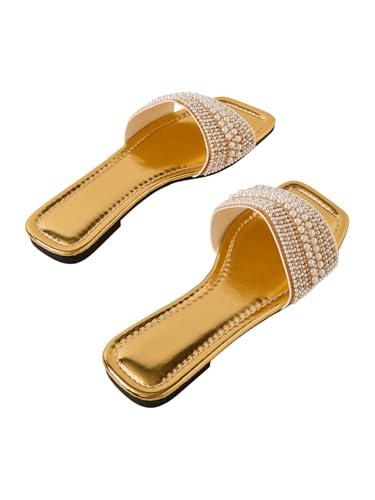 Image of GORGLITTER Women's Sparkly Jeweled Flat Sandals Dressy Open Toe Glitter Shiny Slippers Slip-on Shoes