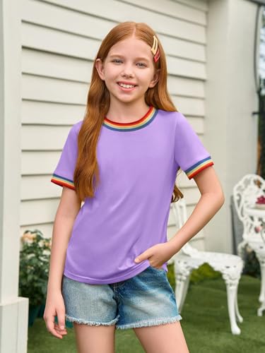 Image of Haloumoning Girls Short Sleeve T-Shirts Summer Rainbow Tops 5-14 Years | Kids Basic Tees, Rainbow Trim Ringer Tees, Crewneck Tops, Casual, Loose Fit