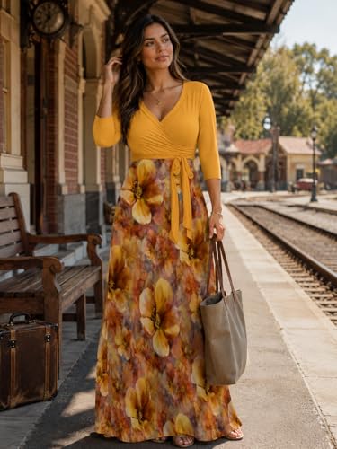 Image of Plus Size Maxi Dress for Women V Neck 3 /4 Sleeve Wrap Dress