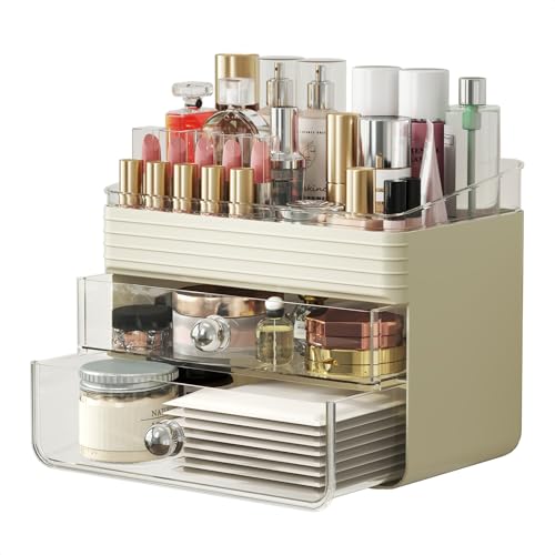 LAMU Makeup Organizer Countertop with Extra Large Drawer, Bathroom Organizers and Storage for Dresser, Vanity, No Install, Ideal for Large Skincare, Perfume, Present, and Women, Dual-Tone color