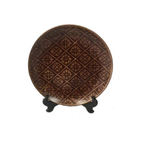 PMJC Company Burgundy Porcelain Plate with Hand Painted Gold Pattern Plus Wooden Stand, 10"