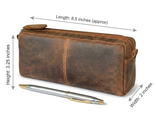 Image of RUSTIC TOWN Leather Pencil Case for Men & Women - Full Grain Leather Pen Pouch with Zipper, Handcrafted Pencil Pouch Organizer for Office, School & Travel
