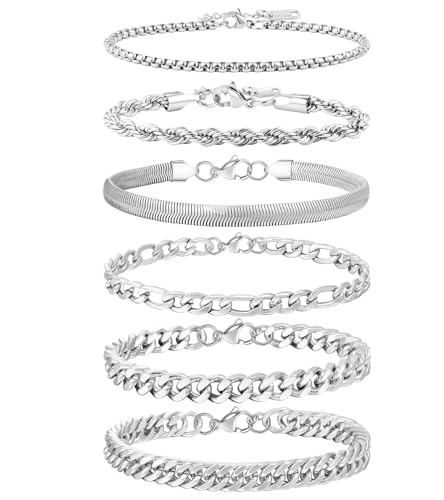 Men's Stainless Steel Silver Bracelets,6Pcs Adjustable Trendy Cuban Link Chain Bracelet Set Men Jewelry Gifts(Silver/Gold/Black,7+1.2 inch)