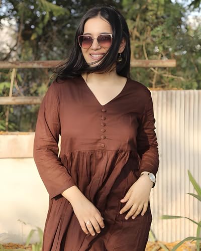 Image of ANILINE Women's V-Neck, Button Front, three-quarter sleeves, Anarkali shape, Empire Waist, Pleated Design Kurta With Pant