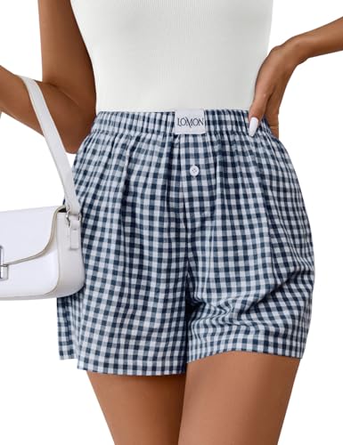 Image of LOMON Womens Boxer Shorts Casual Summer 2026 Pajama Lounge Sleep Pj Gingham Plaid Shorts Y2K Beach Bottoms