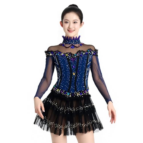Girls Figure Skating Dress with Shiny Rhinestone, Long Sleeve Ice Skating Dresses for Competition, Team Uniform(X-Small) Blue