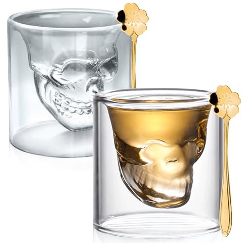 2 bicchieri da caffè a forma di teschio, 250 ml, a doppia parete, con 2 cucchiai di vetro, bicchieri da cocktail, bicchieri da liquore per whisky, vodka assenzio