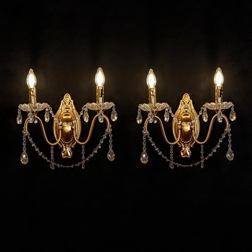 LYTSNUGIC French Vintage Crystal Wall Sconce, Victorian 2-Light Gold Iron Finish, E12 Traditional Candle Style Wall Lamp for Bedroom, Hallway, Living Room, Bathroom Vanity (2-Pack, 2 Light Sources)