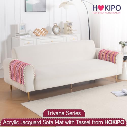 Image of HOKIPO Sofa Arm Cover with Tassel | 300 GSM Thick Cotton Acrylic Jacquard Armrest Mat, 50x70 cm, Pack of 2,'Trivana Series' Hot Pink (IN-931-J3*2)