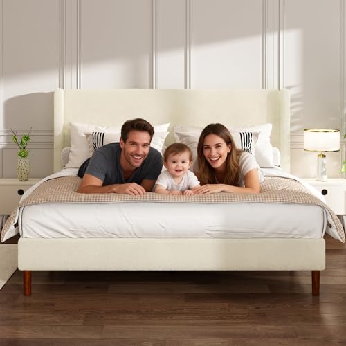 Queen Bed Frame, Boucle Upholstered Platform Bed with Iron & Wood, Beige - image 7