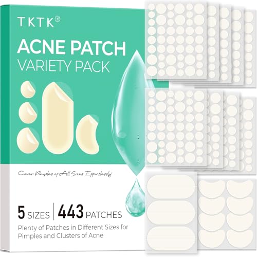TKTK 443 Pickel Patches Gesicht Hydrokolloid Akne Pflaster Vorratspack Anti-Pickel Sticker für Wangen Stirn Kinn 5 Größen (Punkte Streifen konturiert) für alle Hauttypen