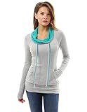 PattyBoutik Women Drawstring Cowl Neck Raglan Blouse (Light Gray and Turquoise Small)