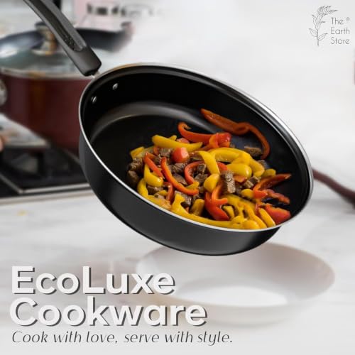 Image of The Earth Store Ecoluxe Frypan - 34 x 21 CM Enamel-Ceramic Coated Iron Frypan | Durable Cooking Pan for Frying, Sauteing & Everyday Cooking | Black