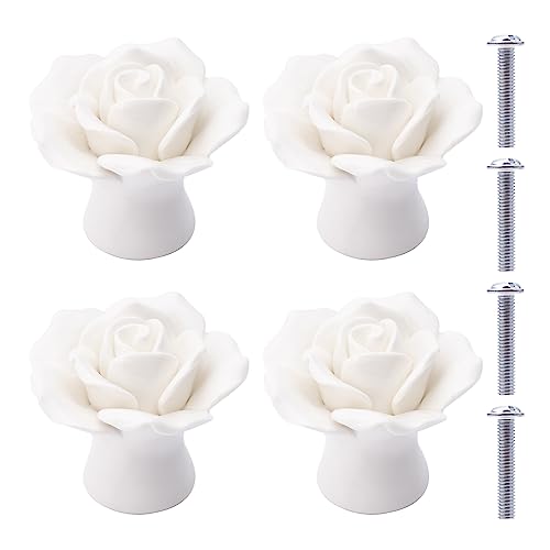NAKUPENDA Ceramic Knobs 4 Pieces Ceramic Rose Flower Knob Drawer Knobs Porcelain Rose Furniture Knobs for Drawers Cupboards Cabinet Doors (White)