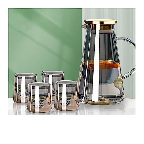 5-Pcs Glass Pitcher Set Jug with 4 Water Glasses Tumbler Cups Lid Carafe Jug with Spout Handle for Hot/Cold Tea Beverage