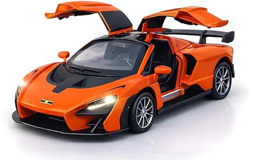 Image of 1:32 Scale Mc-Laren Model Super Car - Exclusive Alloy Metal Pullback Toy with Openable Doors, Lights, and Music for Kids (Orange)