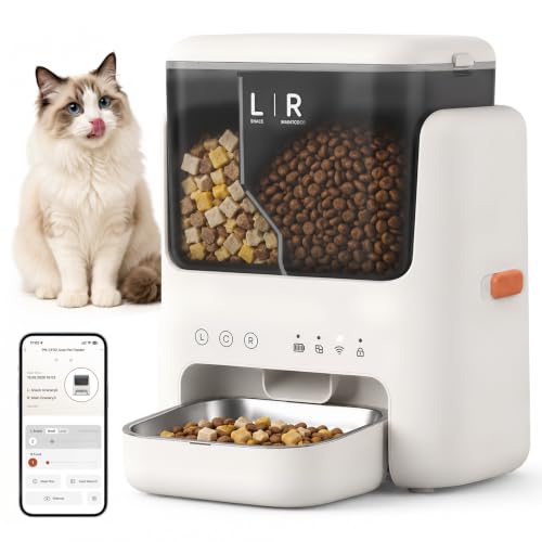 Alimentador Automático para Gatos, Comedero Inteligente para Mascotas con App, Capacidad 2L+3L, Dispensador de Pienso Seco, Temporizador, Registro y Cuenco Inoxidable