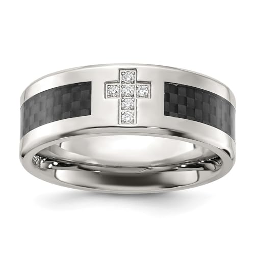 Stainless Steel Polished with Black Carbon Fiber Inlay Cubic Zirconia Cross 8 mm Band Size 7 to 13