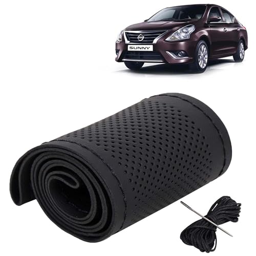 Image of KINGSWAY PU Leatherite Car Steering Cover Sewable Compatible with Nissan Sunny (Year 2014 Onwards), Black Color with Black Thread, Pack of 1 with Sewing Needle and Thread