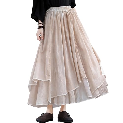 LUZU JUNU Women's Elastic Waist Cotton Layered Flowy Irregular Bohemian Maxi Skirt for Vacation