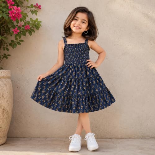 Image of The Magic Wand Kids Girls Printed Cotton Summer Dresses, Knee Length Sleeveless Casual Western Stylish One Piece Fit & Flared Frock for Beach & Vacations