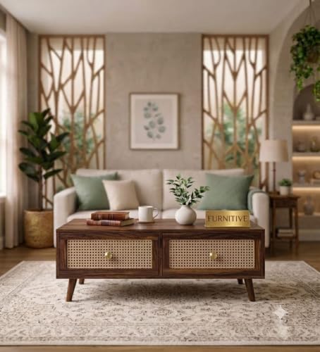 Image of Solid Sheesham Wood Coffee Table & Center Table for Living Room with Rattan Cane Lift-Down Shutter & Open Shelf, Solid Wooden Teapoy for Sofa with Storage | Tea Table