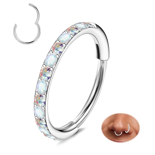 Staligue G23 Titanium Nose Rings Hoops - Opal and CZ 20G Nose Hoops for Women Men, Hinged Nose Ring Piercing Jewelry Septum Clicker Rings Cartilage Earring Conch Helix Piercing Jewelry 6/7/8/10mm