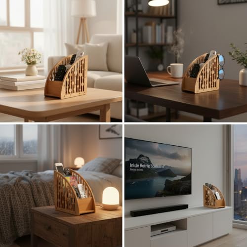 Image of Wooden Remote Organizer for Table - 3 Compartment TV Remote Control Holder Stand Decorative Remote Caddy for Living Room, Coffee Table & Office Size 7 x 5 x 2.5 Inches