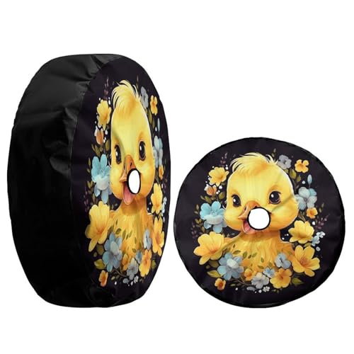 Image of Yellow Little Duck with Floral Wreath Spare Tire Cover with Backup Camera Hole Wheel Tire Cover Fit Trailer, RV, SUV and Many Vehicle 17inch