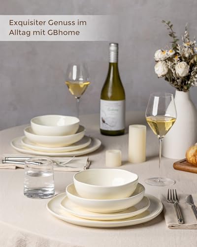 GBhome Steingut Geschirrset 6 Personen, 24-tlg Reaktive Glasur Handarbeit Geschirr Set, Mikrowellen- & Spülmaschinenfest Schüssel- und Teller Set, Gesprenkeltes Beige