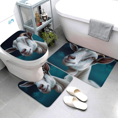 Dwrepo Goat Print Bathroom Rug Set 3 Piece with Non-Slip U-Shaped Contour Mat and Toilet Lid Cover for Bathroom Decoration