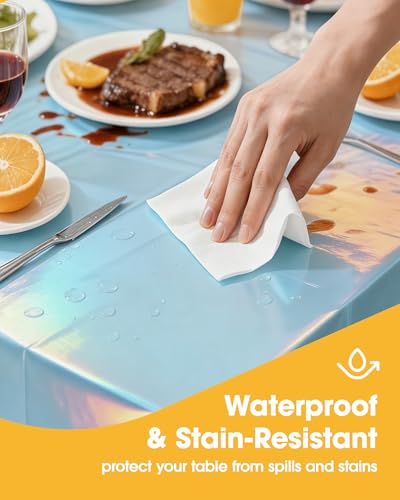 Image of Niuara Iridescent Blue Plastic Table Cloth - 4 Pack 54 inch x 108 inch Rectangle Disposable Tablecloths for 6FT Tables, Table Cover for Party, Holiday & Gathering Use