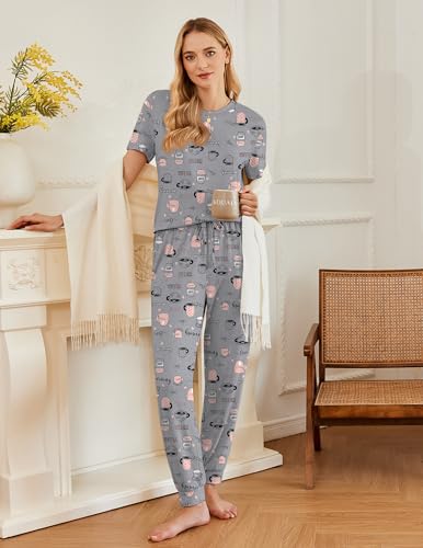 Image of Ekouaer Pajamas for Women Set 2 Pack Lounge Set Short Sleeve Pjs Joggers Long Pants Loungepwear with Pockets