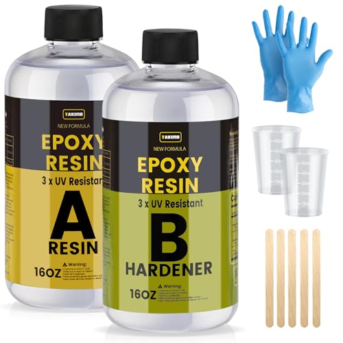 TAKIMO 32oz 3× UV Resistant Epoxy Resin Kit - Clear Non-Yellowing Formula for Coasters, Trays & Art Projects - 1:1 Ratio, High Gloss Finish, 16oz+16oz