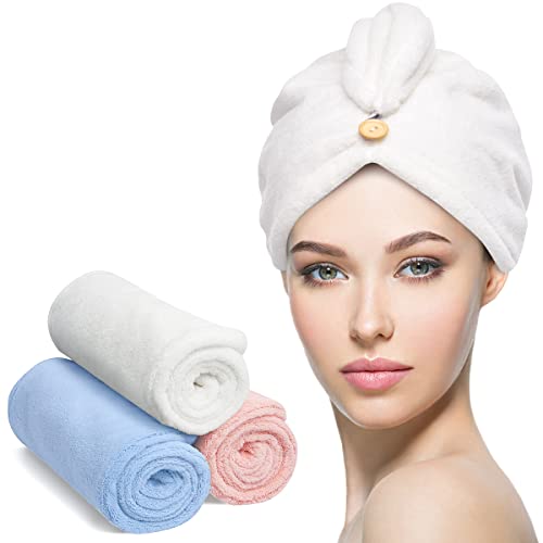 Yfong 3 Pack Hair Drying Towels, Hair Towel With Button, Super Absorbent Microfiber Hair Towel For Curly Hair, Fast Drying Hair Wraps For Women Girls, Microfiber Towel For Hair #TOP24