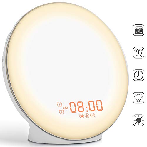 Reloj Despertador HOKEKI con 7 Colores de simulación de Amanecer y luz Nocturna Que se desvanece y función de repetición para niños Que Duermen Pesados, Reloj Digital Dual con Radio FM y 7 Sonidos