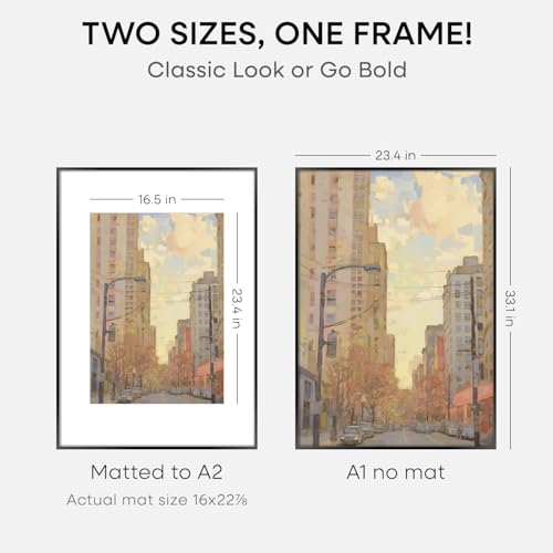 Image of Homeforia A1 Black Poster Frame, High-End Metal, A2 Mat, Glass | High End Aluminum, Tempered Glass, Acid-Free A2 Removable Mat, A1 Edge-to-Edge Display, Wall Kit, Set Of 2