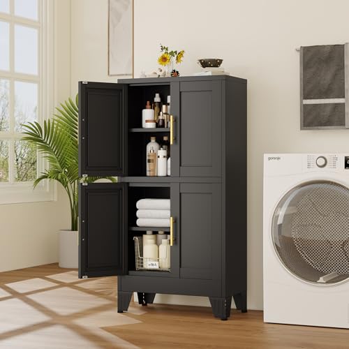 Image of 47 inch Black Metal Bathroom Storage Cabinet, Kitchen Pantry Cabinet | Steel Storage Cabinet with Doors and 3 Adjustable Shelves, Bathroom cabinets Organizer, for Home Office, Bedroom