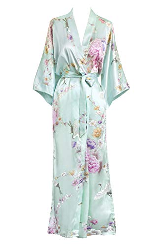 KIM+ONO Satin Kimono Robe Long - Chrysanthemum & Crane - Mist (Blue)