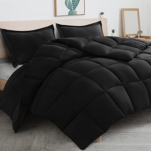 Bedhours 3Pcs Black Bedding Comforter Set Soft Breathable Down Alternative Comforter/Duvet Insert + 2 Pillow Shams Winter Warm Machine Washable (Black Oversized Queen) #TOP8