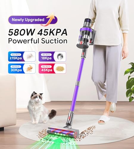 Cordless Vacuum Cleaner for Home,65Mins/580W/45Kpa Powerful Suction Cordless Vacuum,Cordless Stick Vacuum Cleaner,Portable 2L Cups Anti-Tangle Vacuum Pro for Pet Hair Hardwood Carpet Car