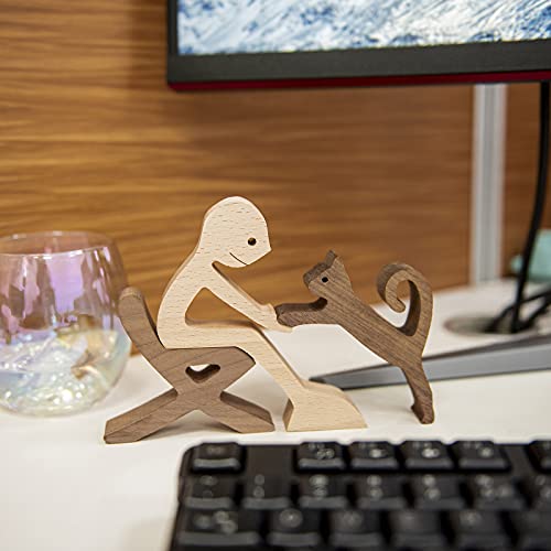 Wooden Men And Cat Sculpture, Handmade Animal Figurines, Wood Decor Collectible Figurine For Home Office Natural Eco Friendly #TOP6