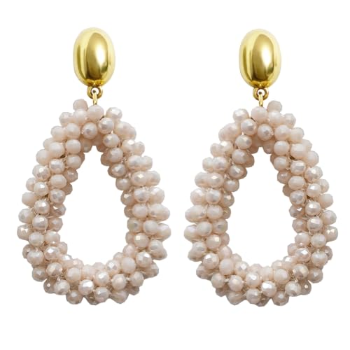 Bohemian Ohrringehängend für Damen Tröpfchenförmiger handgewebter Kristallhänge Modischer Schmuck beige