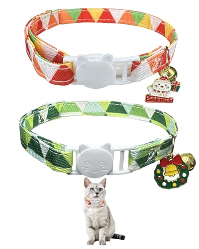 Collar de gato con campanas, paquete de 2 unidades, accesorios festivos rojos y verdes para mascotas, ajustable de 7.5 a 12.6 pulgadas