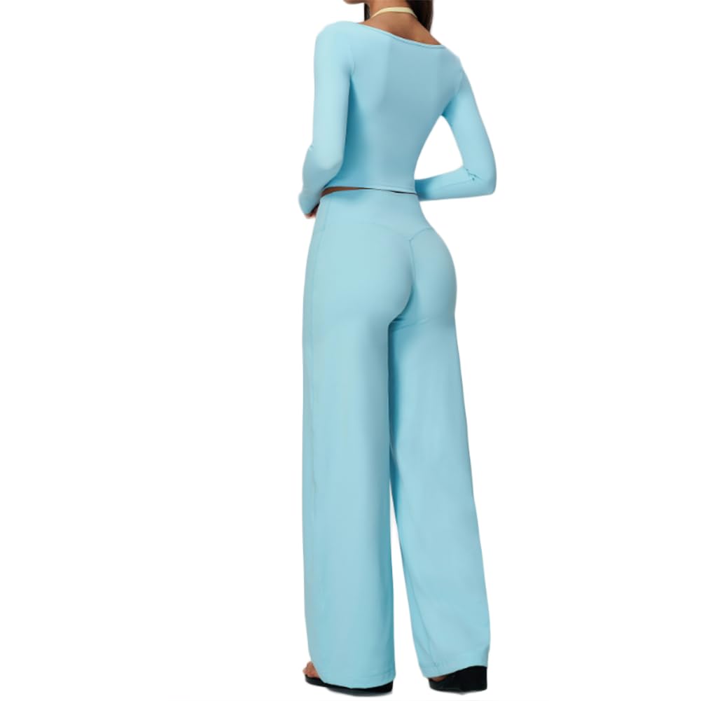 Top maniche lunghe scollo U e pantaloni yoga gamba larga a vita alta