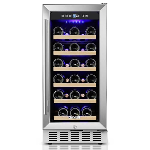 ORYMUSE 15 Inch Wine Cooler Under Counter, 30 Bottle Wine Fridge with Stainless Steel Glass Door, Built-In or Freestanding Wine Cellar with Removable Shelves and Digital Temperature Control