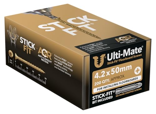 Ulti-Mate FB42050 Stick-Fit Floorboard Screws - 4.2 x 50mm - Box of 200, Zinc & Yellow
