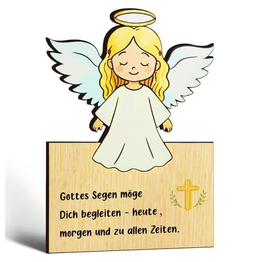 Giftota Schutzengel Holzkarte mit Umschlag zur Taufe, Erstkommunion, Konfirmation oder Firmung, mit Spruch „Gottes Segen möge dich begleiten“, Deko Geschenk