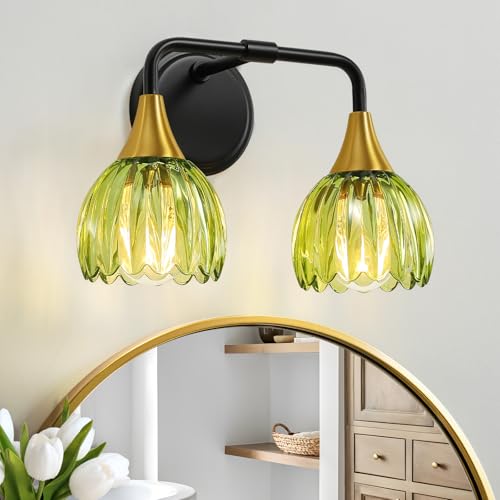 Image of Bathroom Vanity Light Fixtures: 2-Lights Vintage Bathroom Lights Over Mirror with Ribbed Green Tulip Glass Shade - 14 inch Black and Gold Wall Sconce Bath Lighting